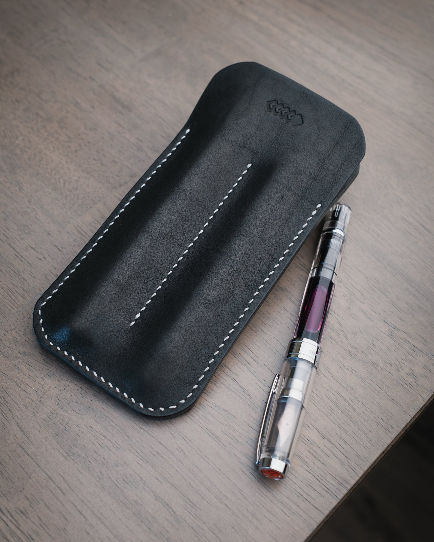 Dual Fountain Pen Sleeve, Black with Cream Stitching